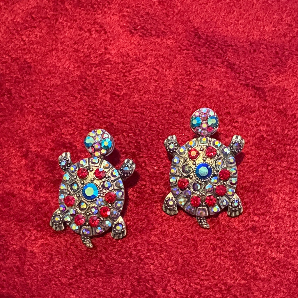 Colorful Turtle Rhinestone Pierced Earrings New Never Worn Crystals